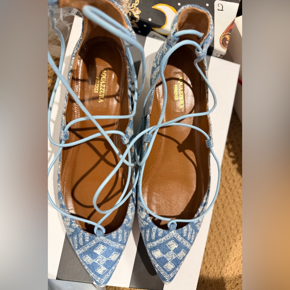 Aquazzura Powder Blue Lace-Up Ballet Flats